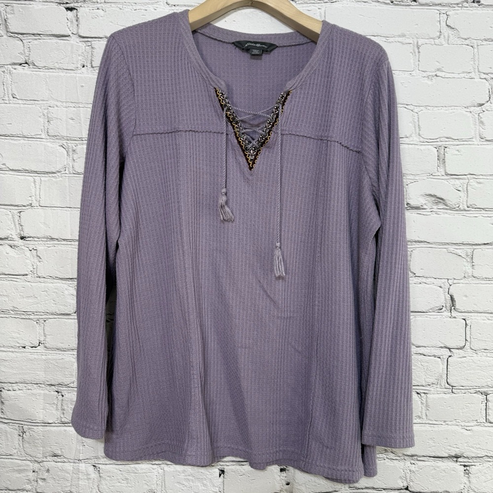Eddie Bauer Women's‎ Waffle Knit Lace-Up Top XXL Purple Long Sleeve Aztec V Neck